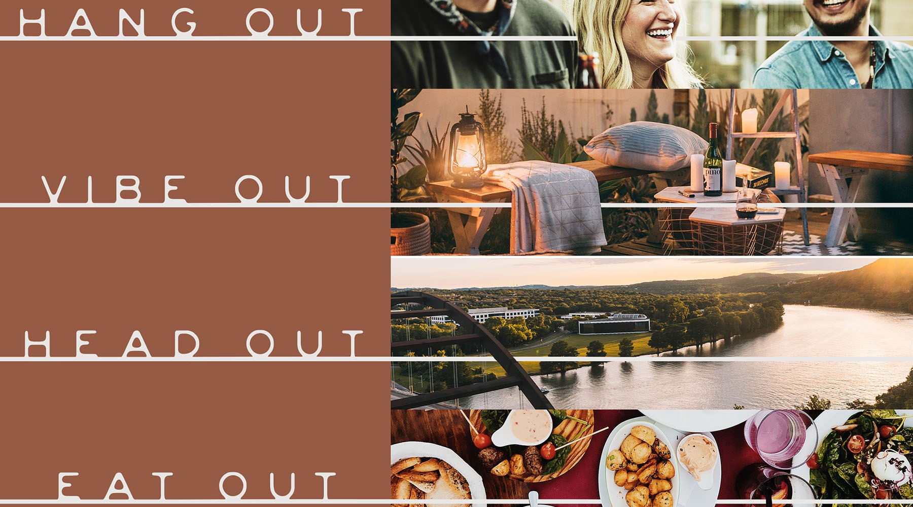 people eating and different settings including dinner and a river