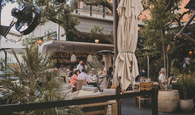 an outdoor patio with many plants